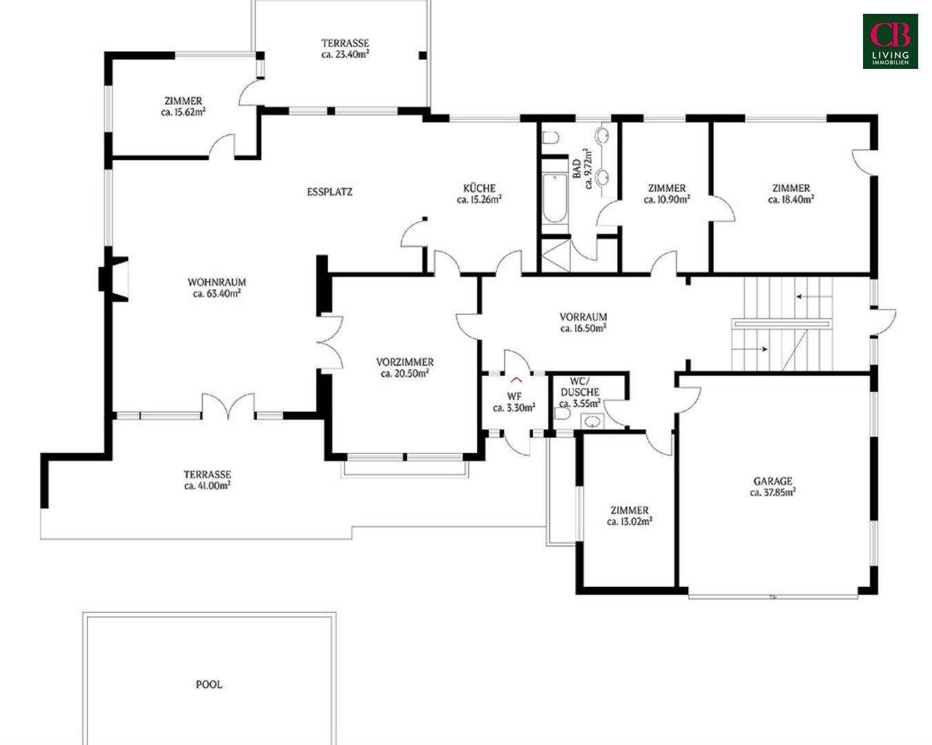 Grundriss des Erdgeschosses mit Wohnraum, Küche, Garage und zwei Terrassen.