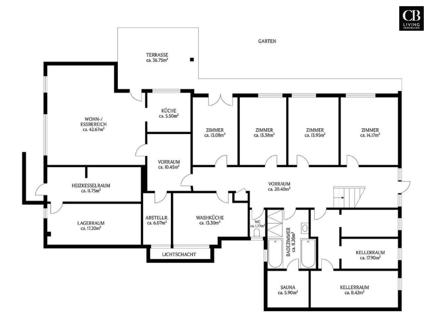 Grundriss des Untergeschosses mit Wohn-Essbereich, Sauna, Kellerräumen und Garten.
