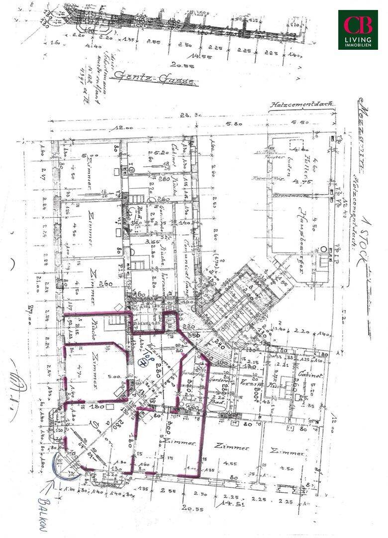 Detaillierter Grundrissplan einer Etage mit Zimmeraufteilung und Bemaßungen.