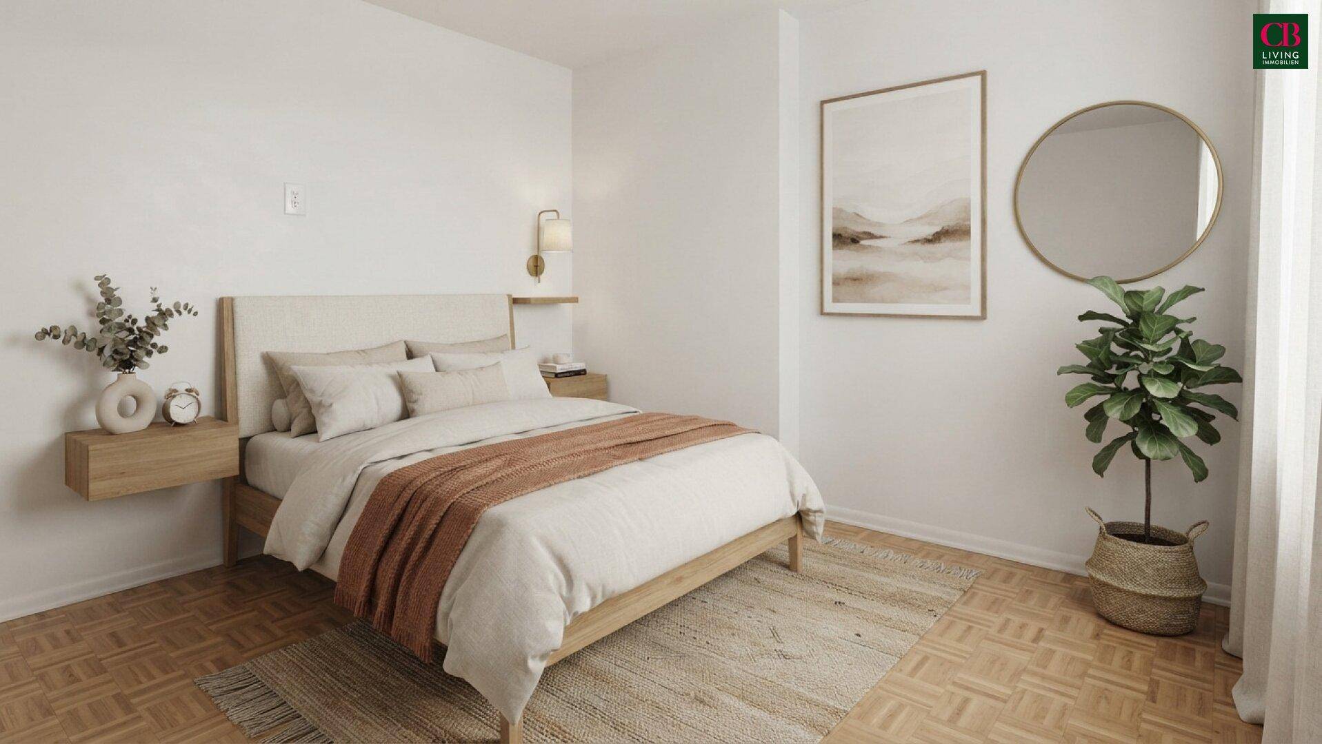 Modern eingerichtetes Schlafzimmer mit Doppelbett, Nachttischen, Pflanzen und einem runden Spiegel.