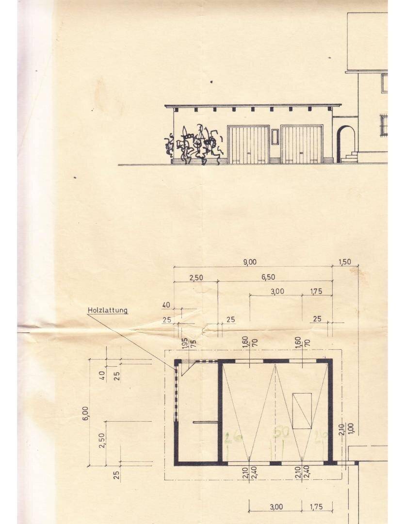 Architektonischer Plan zeigt Garagenansicht und Grundriss eines Nebengebäudes.