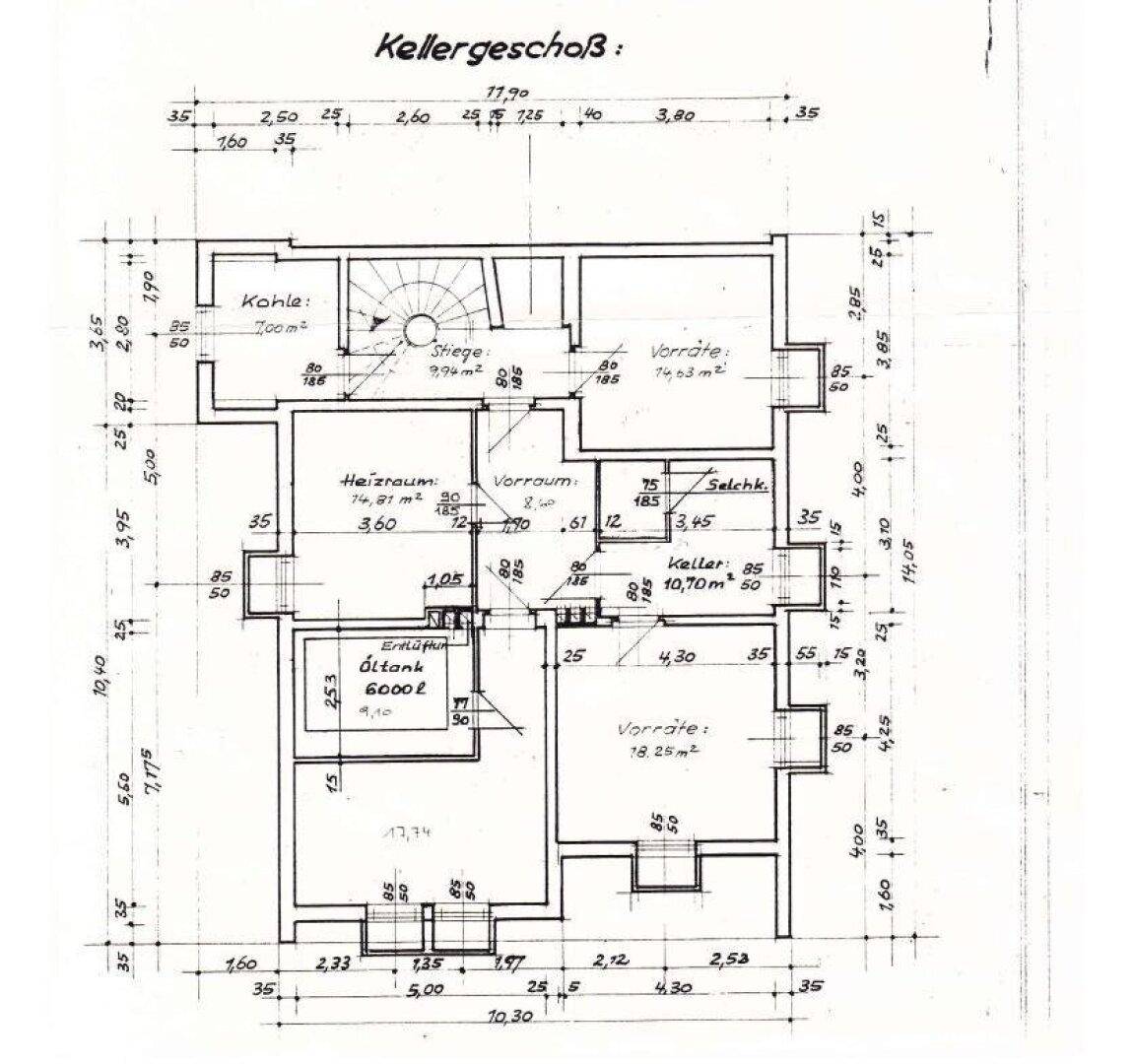 Historischer Grundriss des Kellergeschosses mit Heizraum und Lagerräumen.
