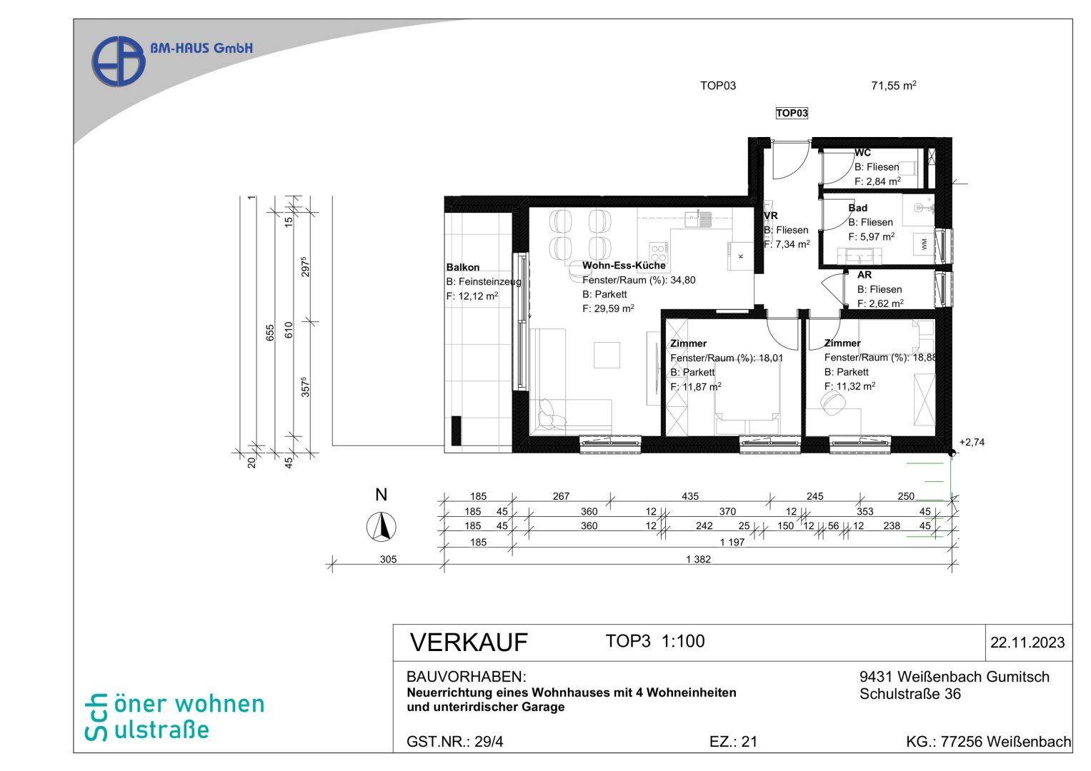 Grundriss der Wohneinheit TOP3 mit offenem Wohn-Essbereich, zwei Zimmern und Balkon.
