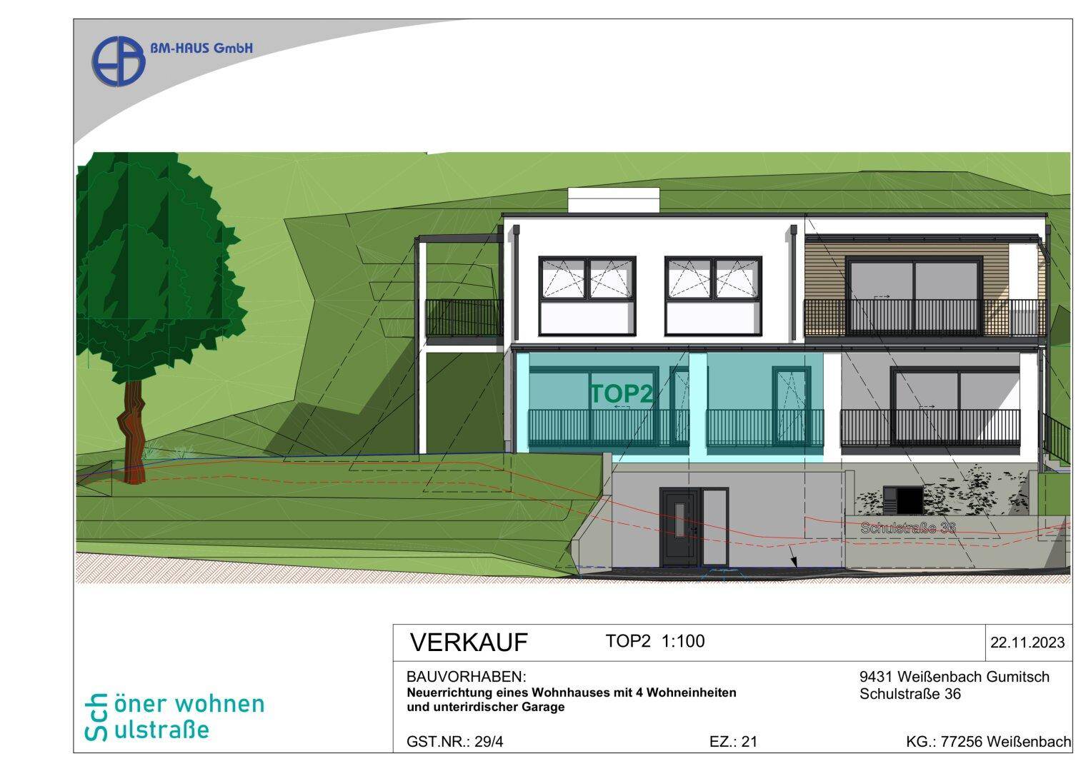 Architektonische Ansicht des Gebäudes mit Hervorhebung der Wohneinheit TOP2 und Terrassenzugang.