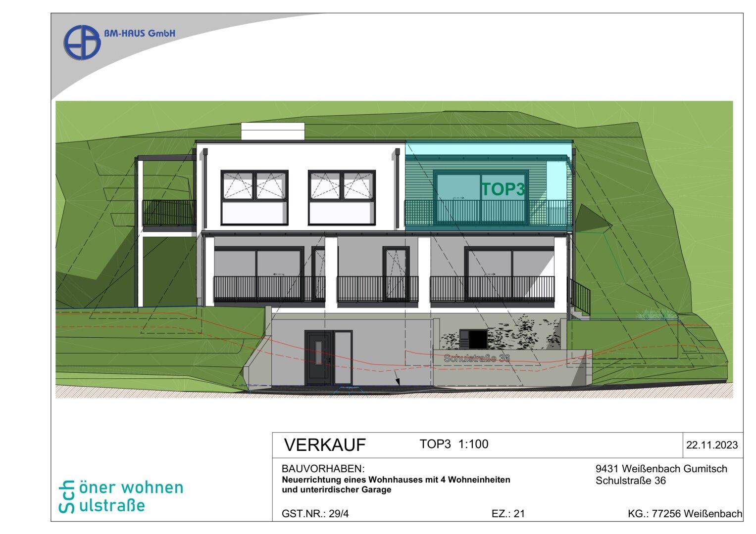 Architektonische Ansicht des Gebäudes mit Hervorhebung der Wohneinheit TOP3 und Balkonen.