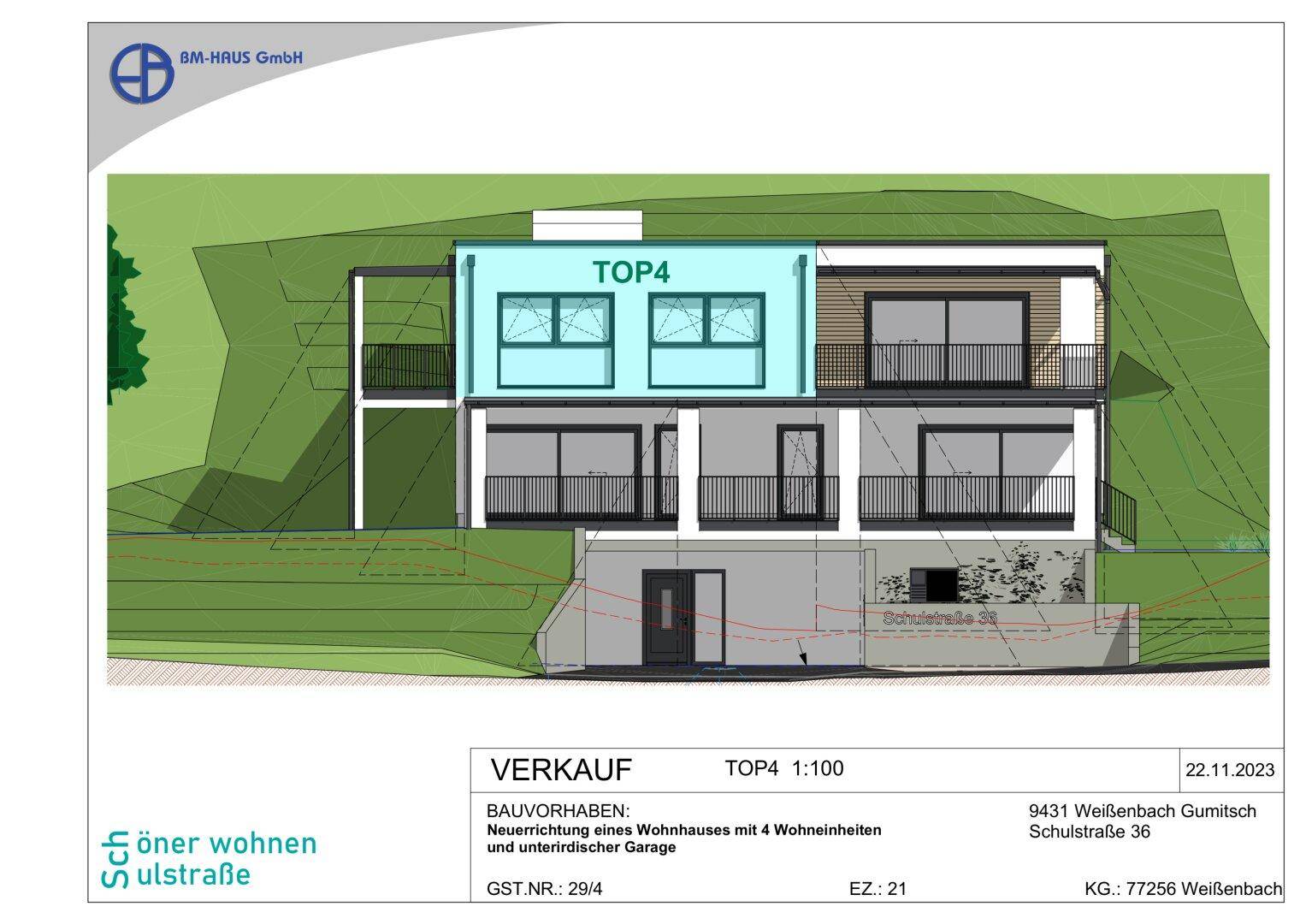 Architektonische Ansicht des Gebäudes mit Hervorhebung der Wohneinheit TOP4 und Balkonzugang.
