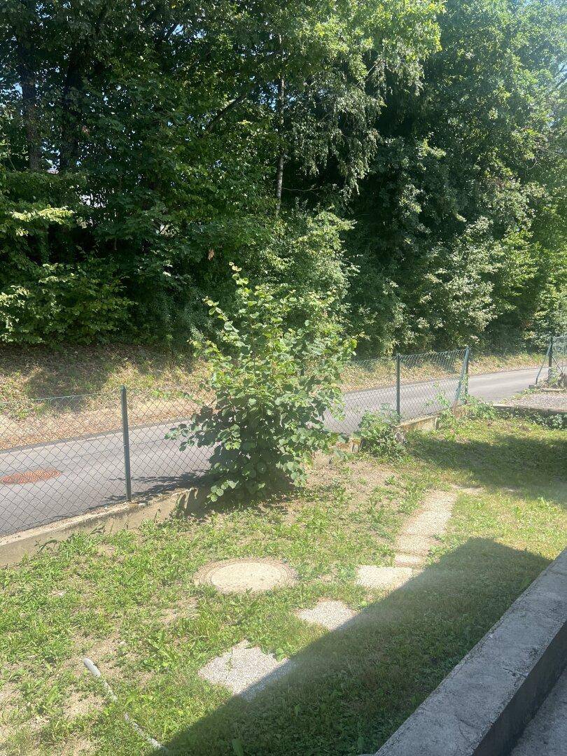 Blick auf eine asphaltierte Straße neben einem Zaun, umgeben von Grünflächen und Bäumen.