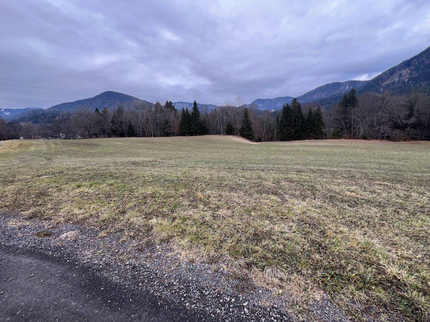Weitläufiges Feld mit Blick auf bewaldete Berge unter einem bewölkten Himmel.