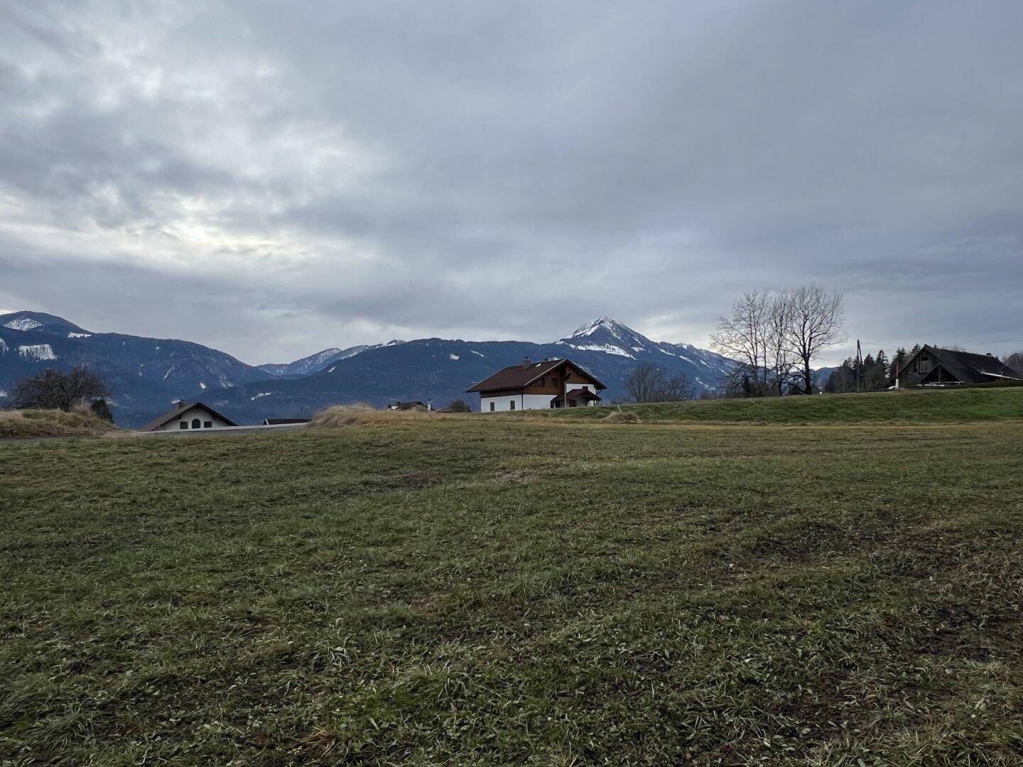Weitläufige Wiese mit Blick auf Häuser und schneebedeckte Berggipfel in der Ferne.