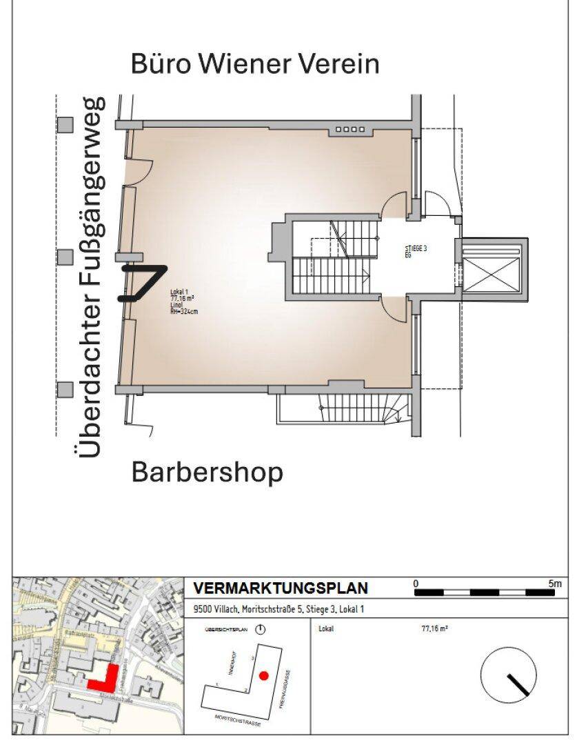 Grundrissplan eines Gewerbeobjekts mit Büroräumen und einem Friseursalon im Erdgeschoss, inklusive Treppenhaus und Aufzug.