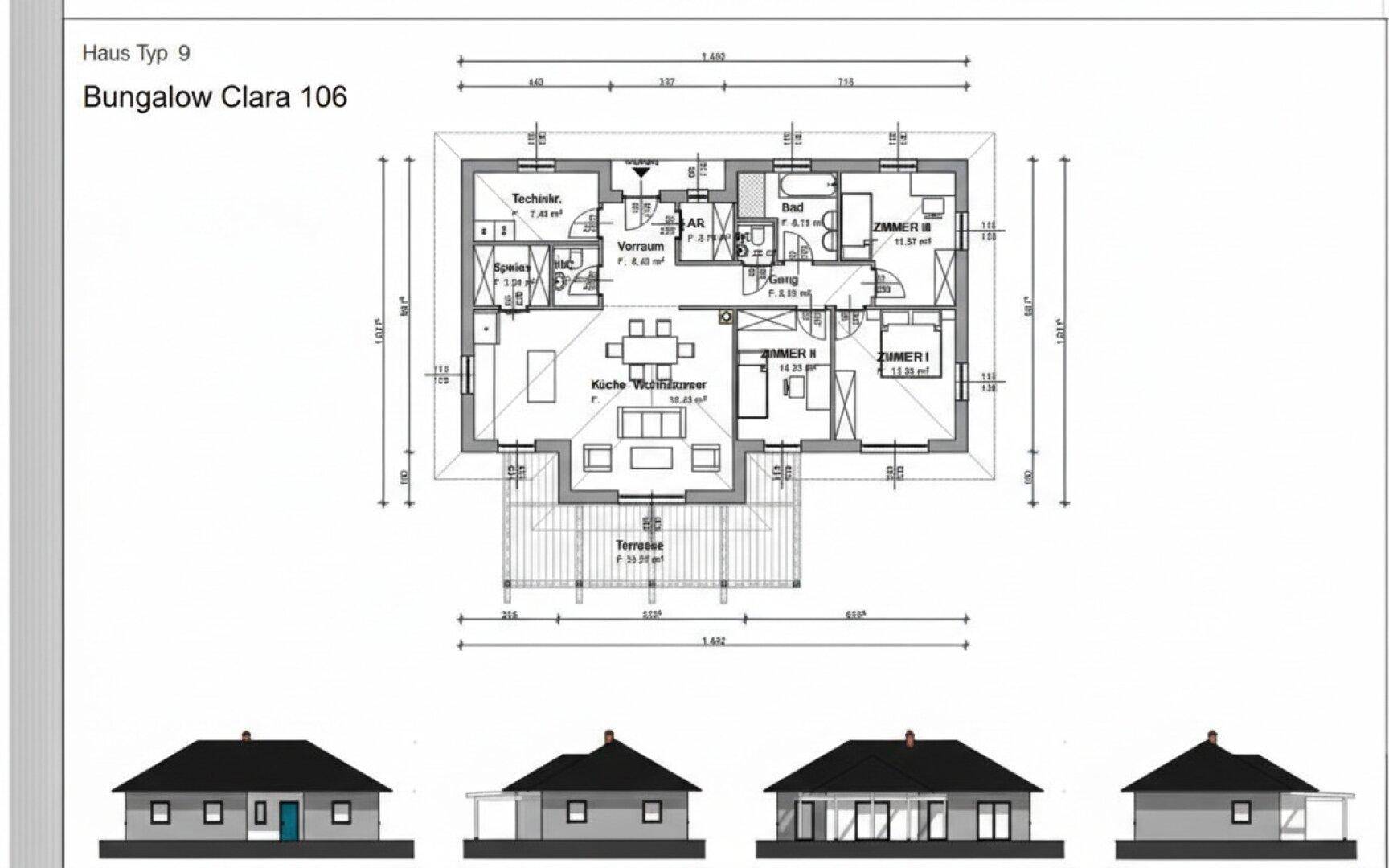 Detaillierter Grundriss eines Bungalows mit Raumaufteilung und Terrassenzugang.