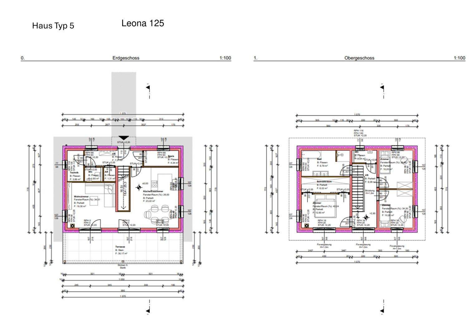 Grundriss des Hauses Leona 125 mit Erdgeschoss und Obergeschoss, inklusive Terrasse und Balkon.