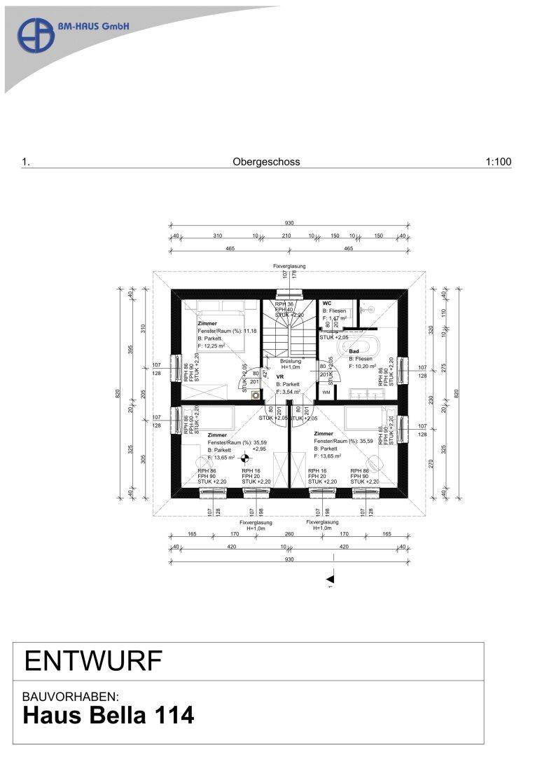 Grundriss des Obergeschosses von Haus Bella 114 mit drei Schlafzimmern und Bad.