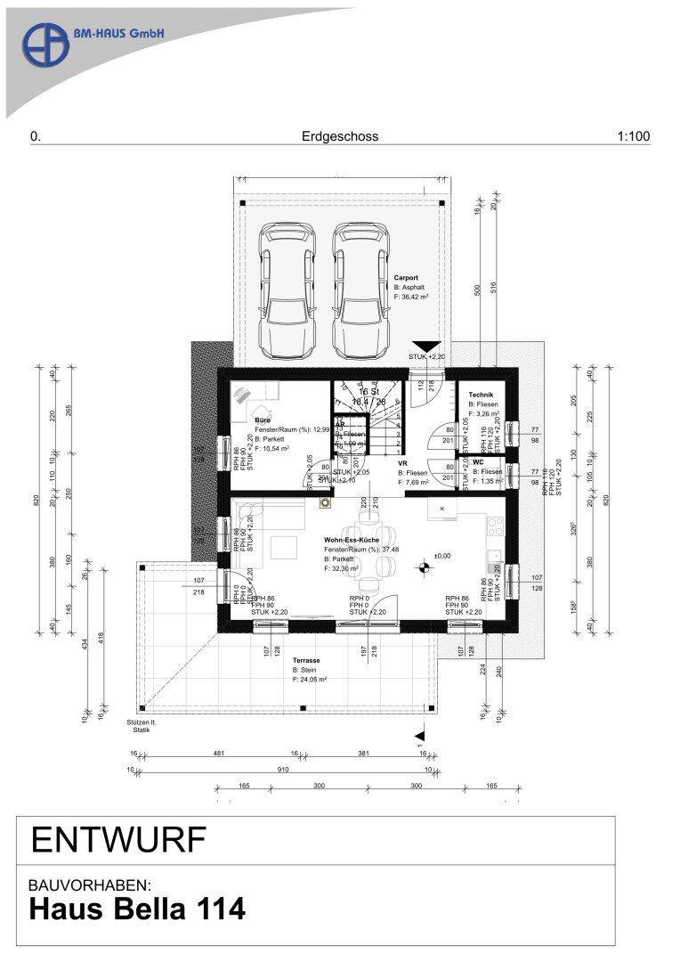 Grundriss des Erdgeschosses von Haus Bella 114 mit offener Wohnküche und Carport.