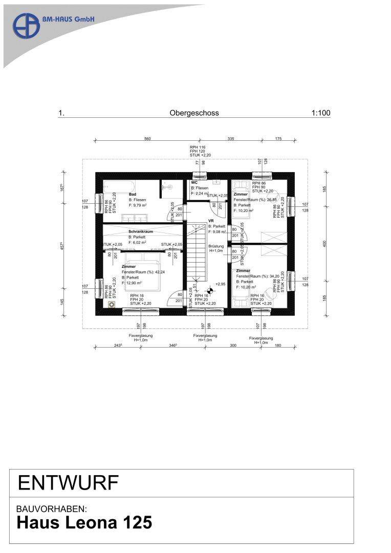 Grundriss des Obergeschosses von Haus Leona 125 mit drei Schlafzimmern und Bad.