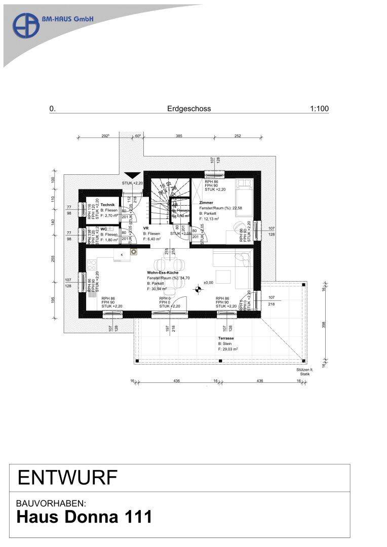 Grundriss des Erdgeschosses von Haus Donna 111 mit offener Wohnküche und Terrasse.