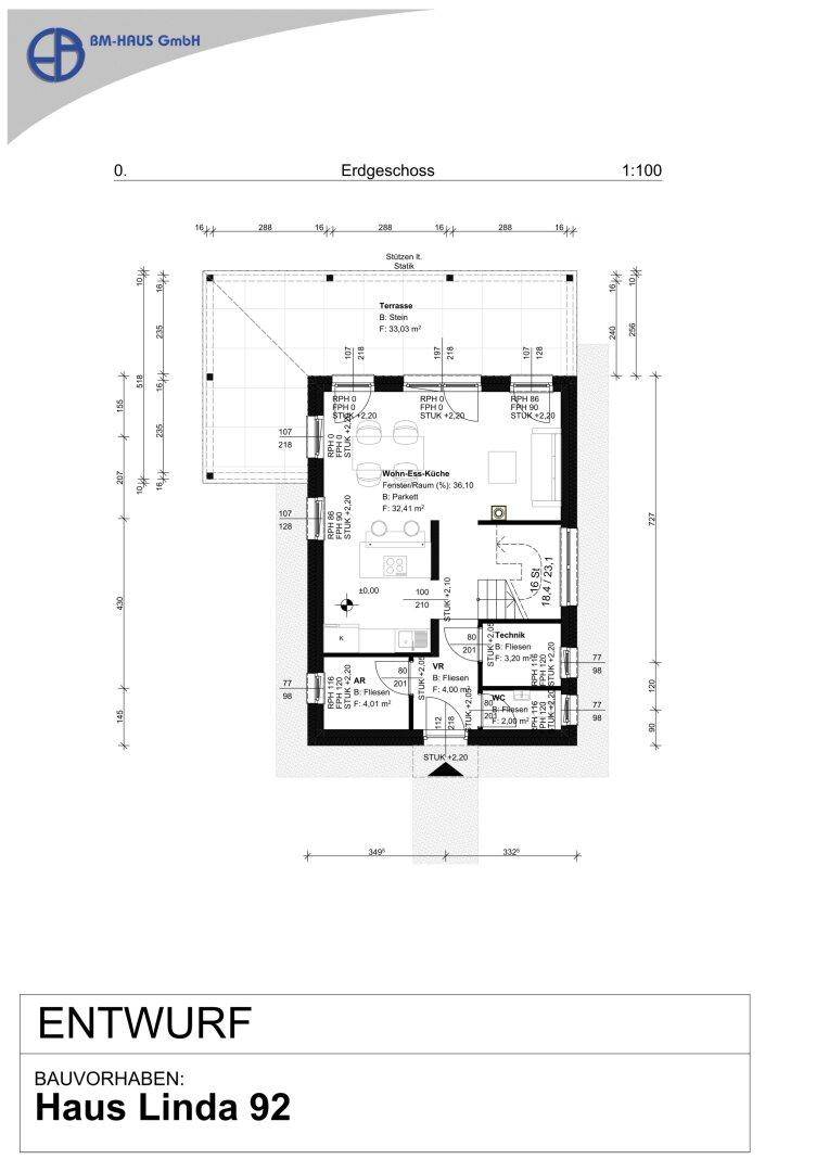 Grundriss des Erdgeschosses von Haus Linda 92 mit offener Wohnküche und Terrasse.