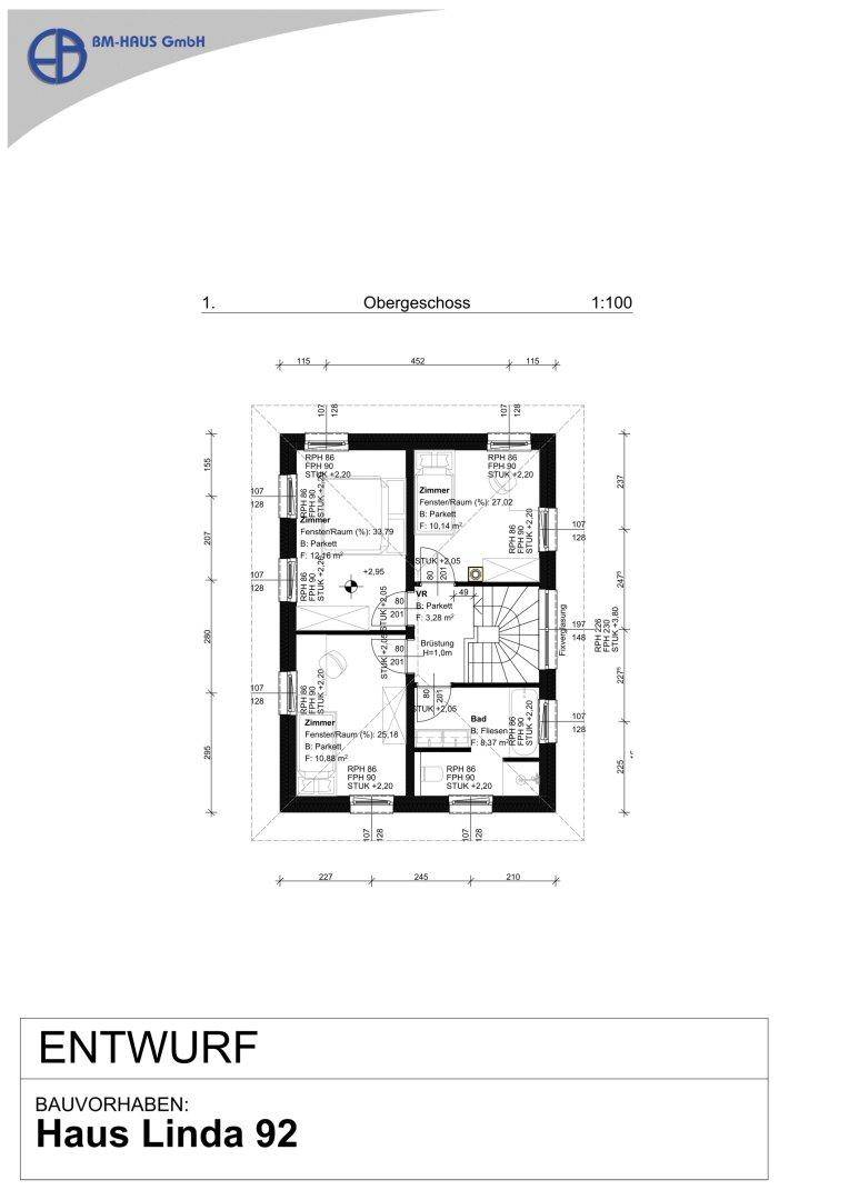 Grundriss des Obergeschosses von Haus Linda 92 mit drei Schlafzimmern und Bad.