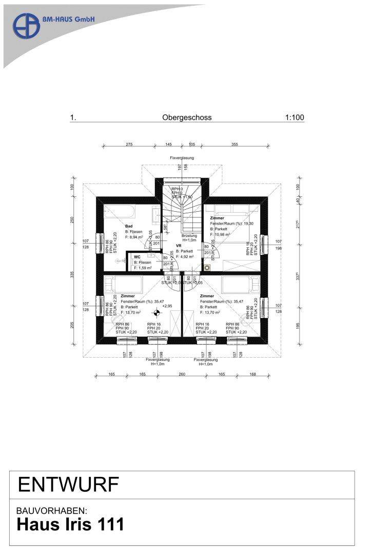 Grundriss des Obergeschosses von Haus Iris 111 mit drei Schlafzimmern und Bad.