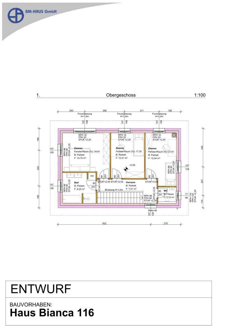 Grundriss des Obergeschosses von Haus Bianca 116 mit drei Schlafzimmern und Bad.