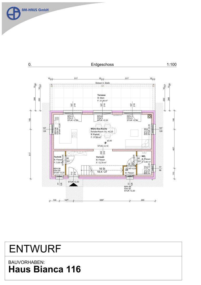 Grundriss des Erdgeschosses von Haus Bianca 116 mit offener Wohnküche und Terrasse.