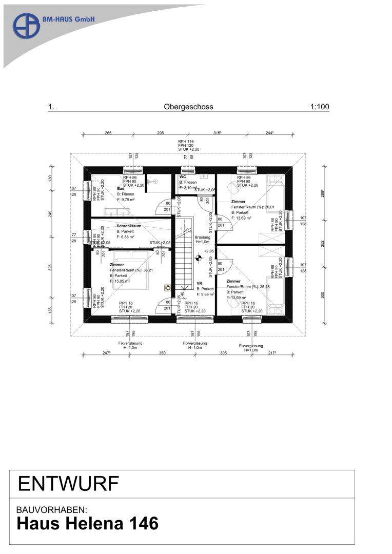 Grundriss des Obergeschosses von Haus Helena 146 mit drei Schlafzimmern und Bad.