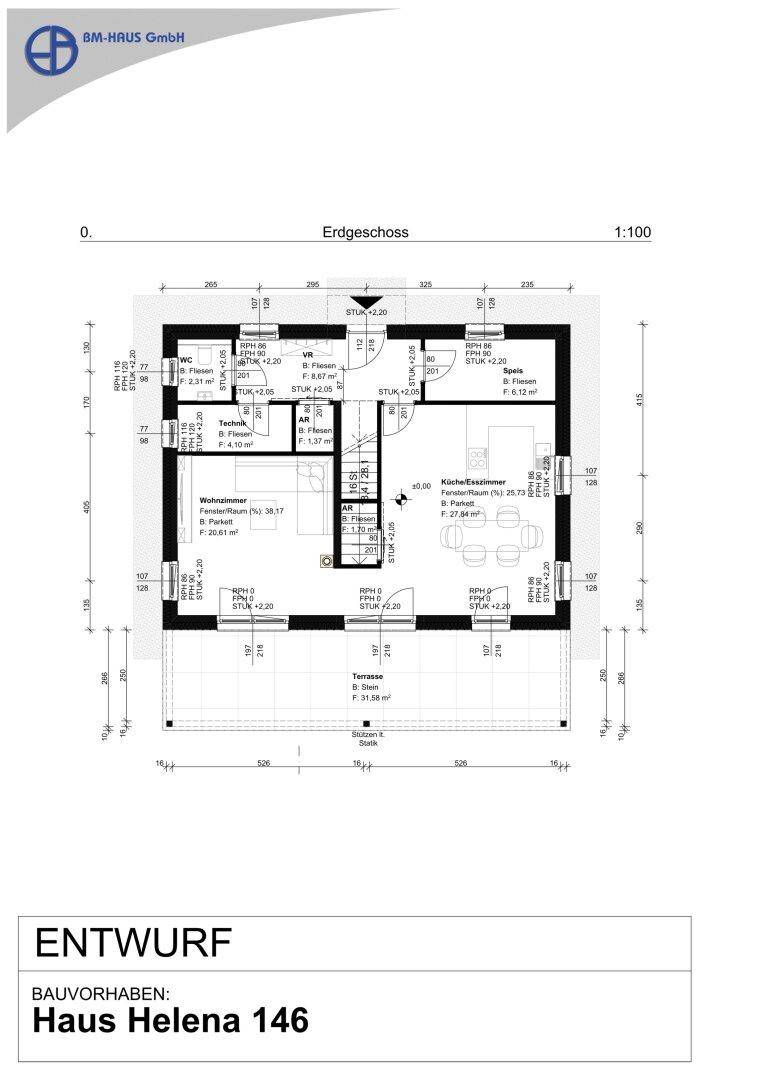 Grundriss des Erdgeschosses von Haus Helena 146 mit offener Wohnküche und Terrasse.