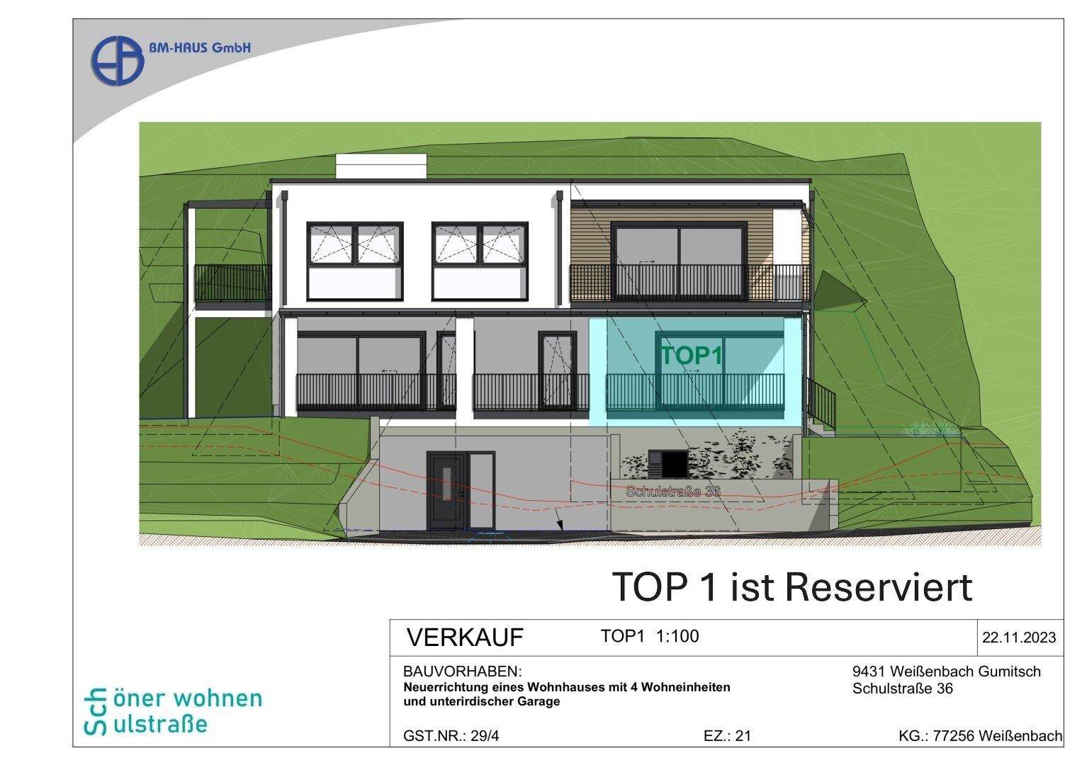 Architektonische Ansicht des Gebäudes mit Hervorhebung der Wohneinheit TOP1 und Terrassenzugang.