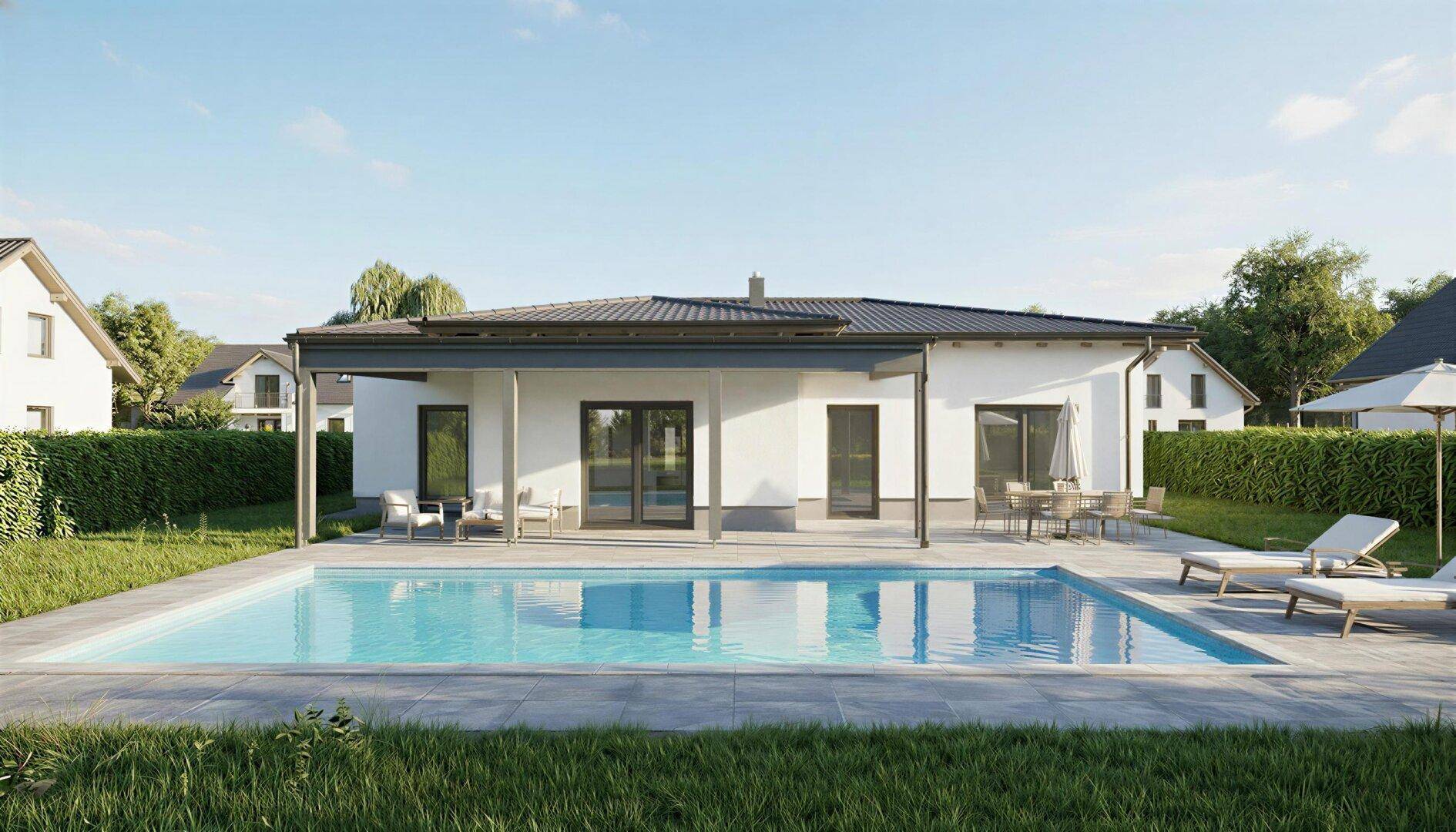 Moderne eingeschossige Villa mit großem Pool und möblierter Terrasse im Gartenbereich.