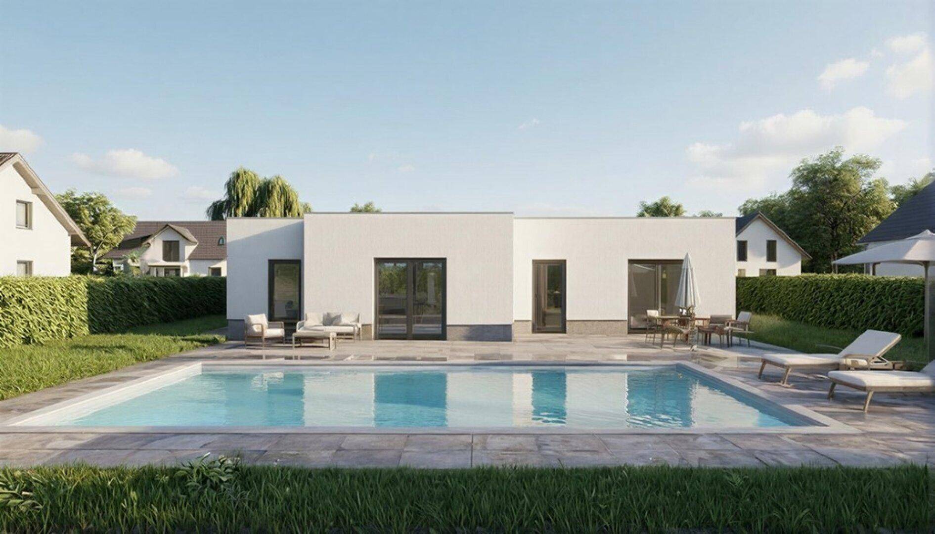 Moderne eingeschossige Villa mit großem Pool und möblierter Terrasse im Gartenbereich.