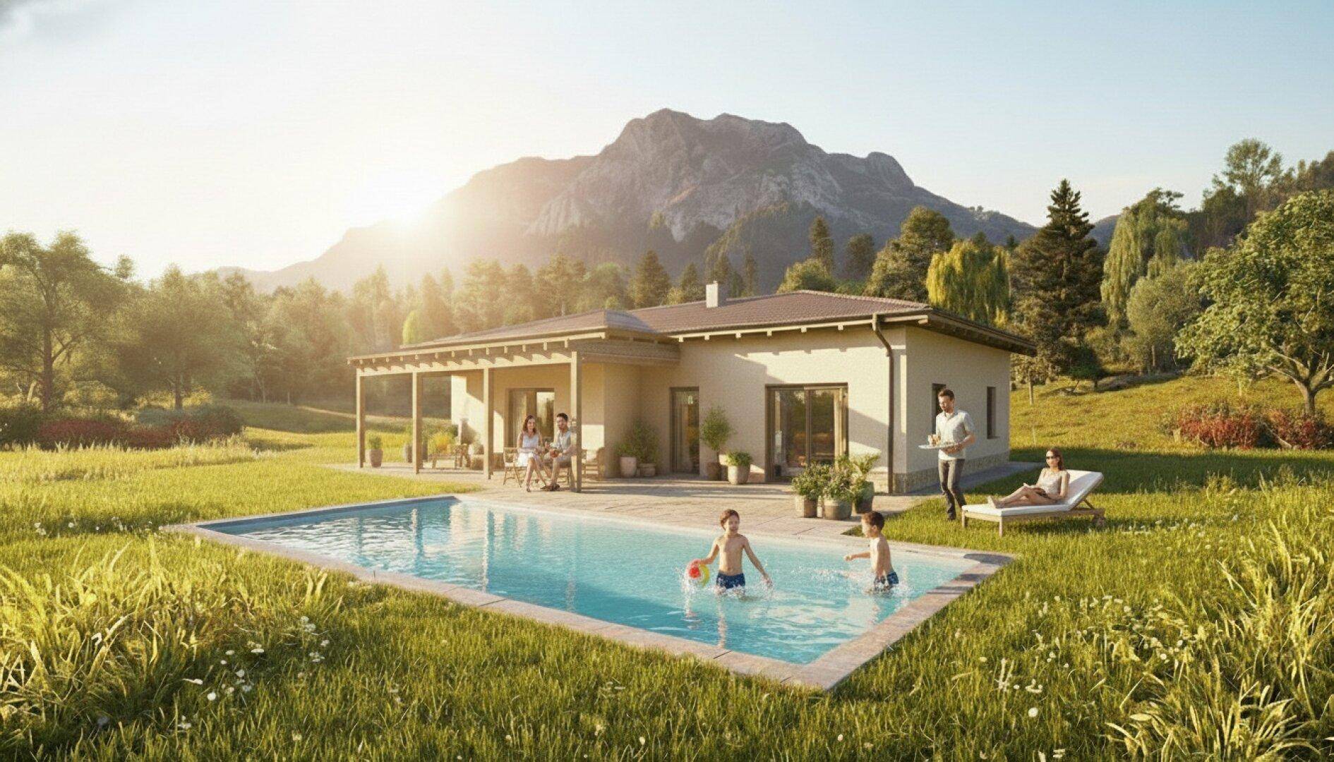 Idyllisches Einfamilienhaus mit Pool und Terrasse in einer malerischen Berglandschaft.