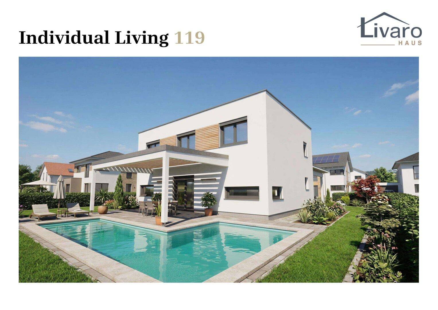 Modernes Einfamilienhaus mit Swimmingpool, Terrasse und schön angelegtem Garten.
