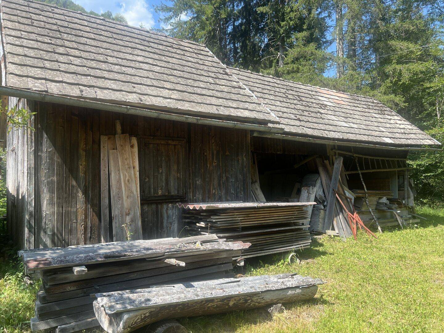 Altes Holzschuppen mit gestapeltem Holz und bewachsenem Dach in ländlicher Umgebung.