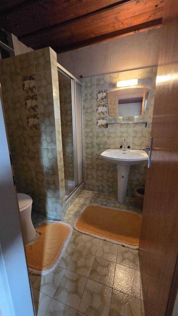 Veraltetes Badezimmer mit gemusterten Fliesen, Duschkabine und Standwaschbecken in traditionellem Stil.