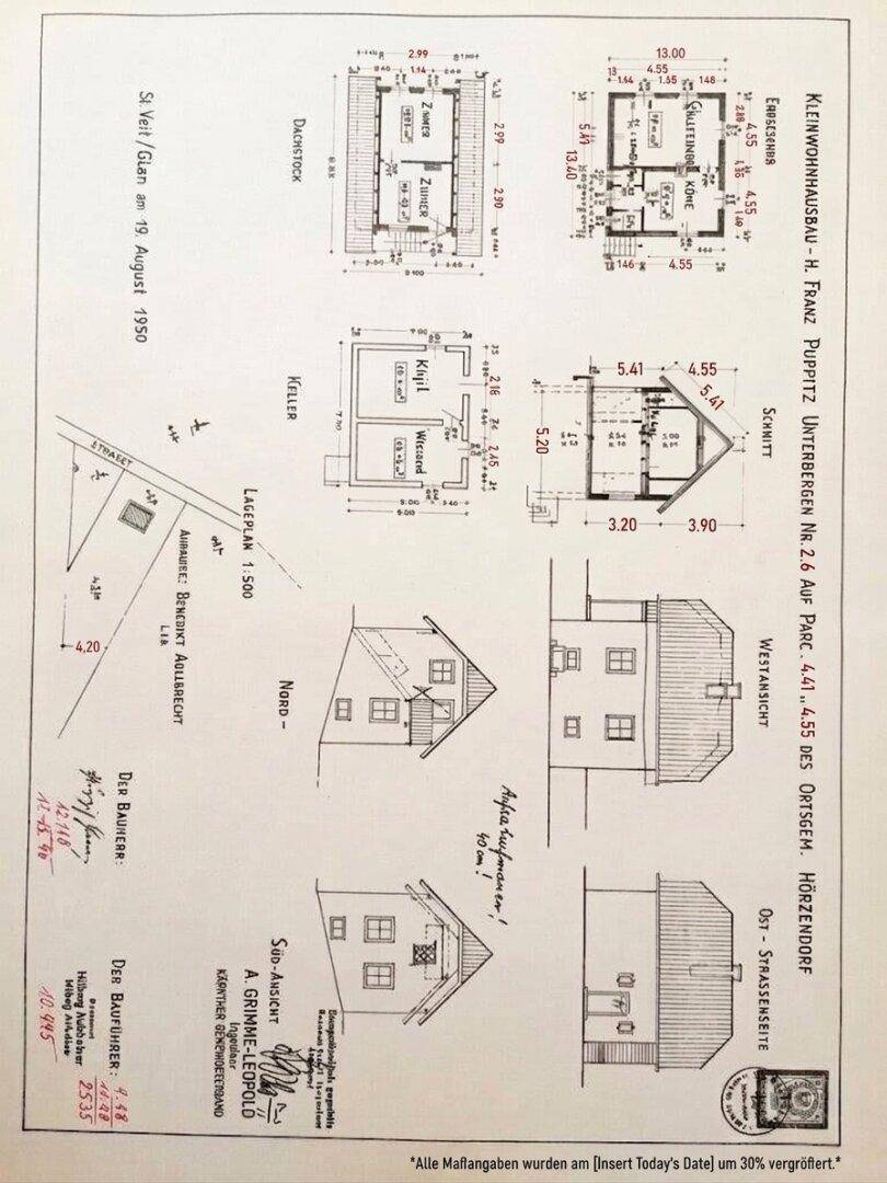 Historischer Grundriss eines Kleinwohnhauses von 1950 mit Keller, Erdgeschoss, Dachstock und verschiedenen Ansichten.
