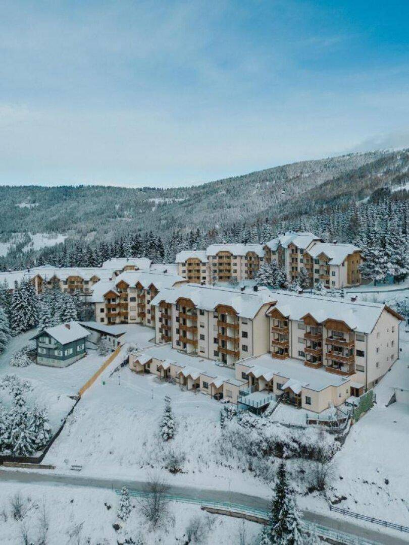 Winterliche Ansicht einer Wohnanlage in den Bergen, umgeben von verschneiten Bäumen.