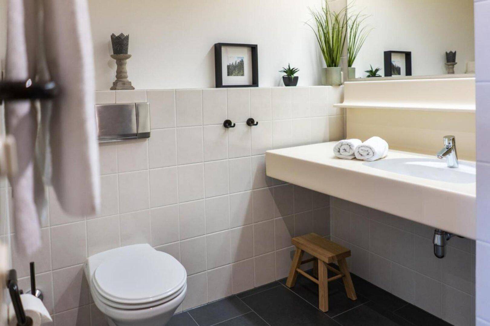 Helles Badezimmer mit WC, Einzelwaschbecken und weißen Fliesen.