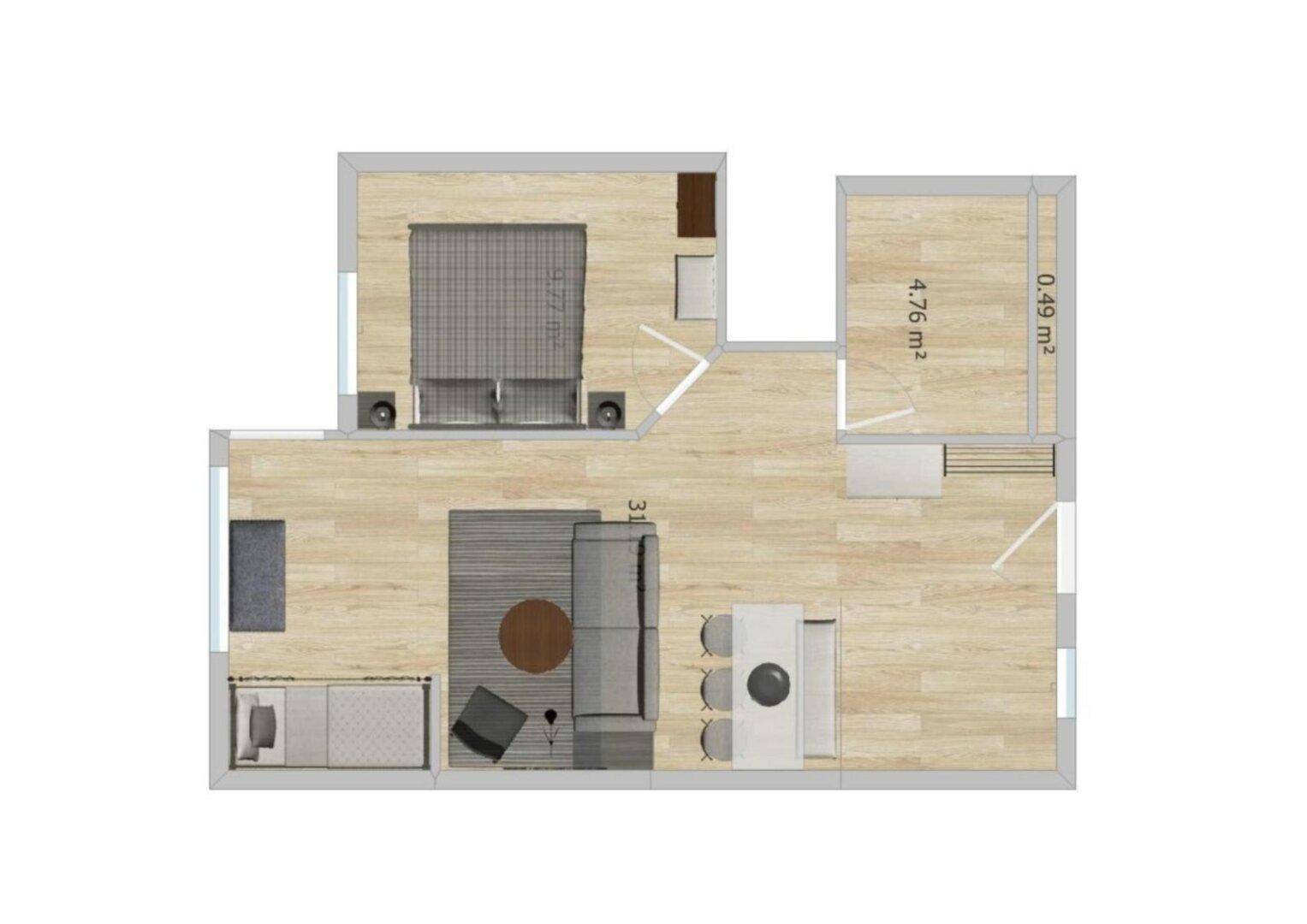 Grundriss einer Wohnung mit Schlafzimmer, Wohnbereich und Essbereich.