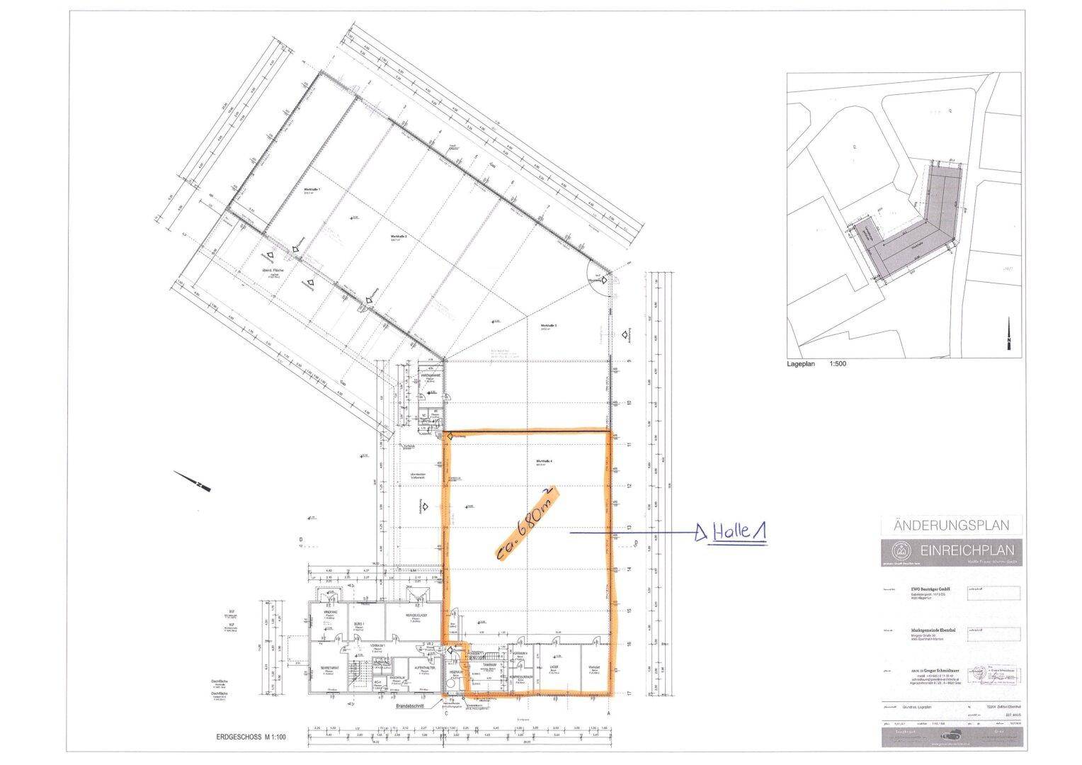 Grundrissplan eines Gebäudes, der den Bereich "Halle 1" mit einer Fläche von 50-60m² hervorhebt.