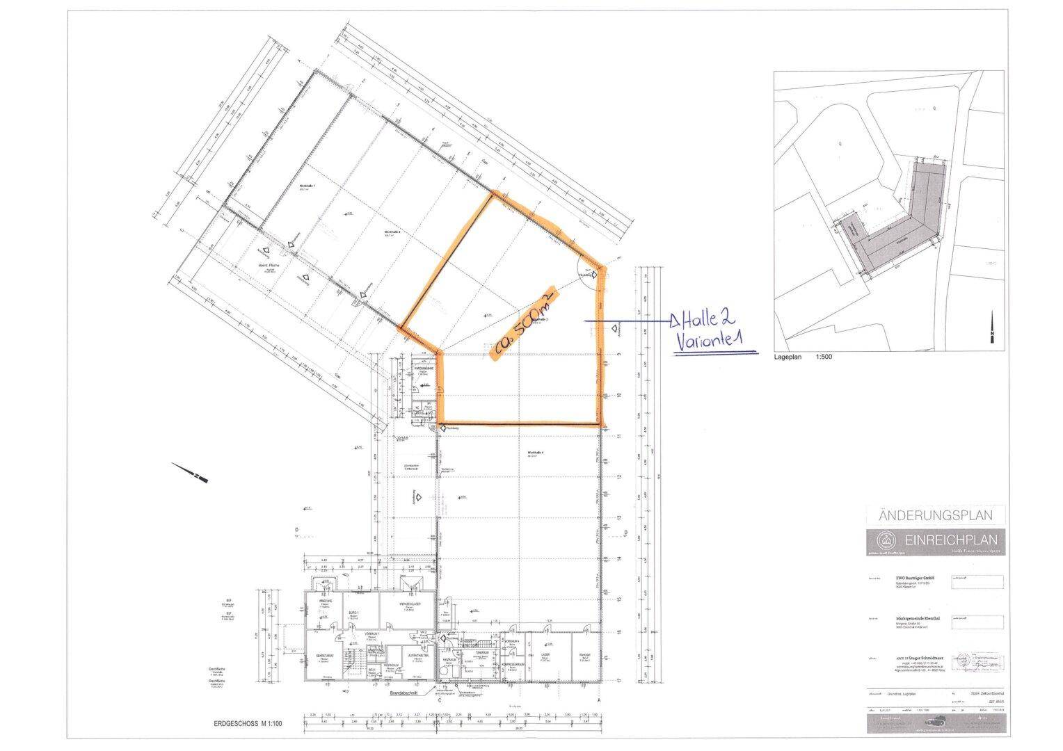 Grundrissplan eines Gebäudes, der den Bereich "Halle 2 Variante 1" mit einer Fläche von 60-50m² hervorhebt.
