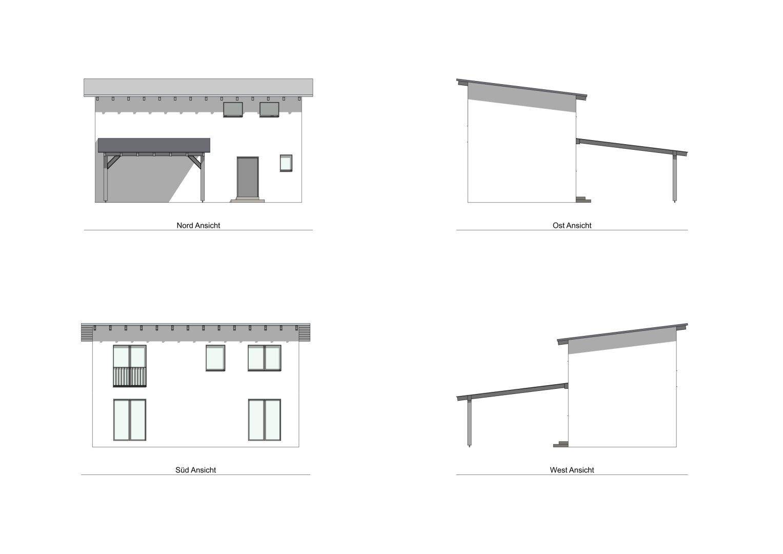 Architektonische Ansichten des Gebäudes von Nord, Ost, Süd und West mit Balkon und Carport.