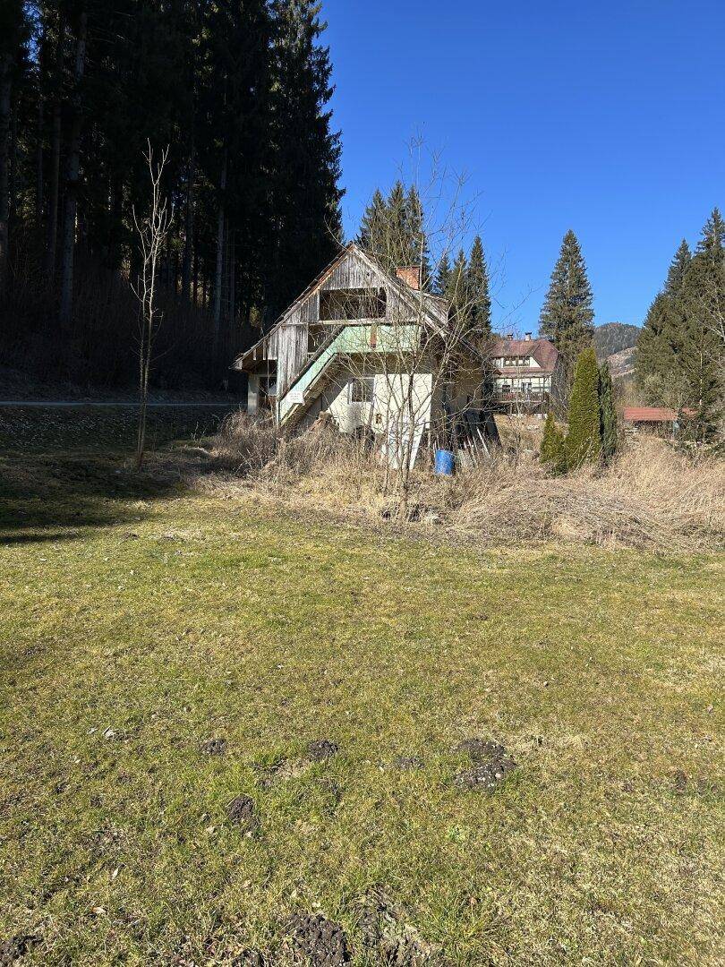 Rückansicht des alten Hauses mit Holzelementen, umgeben von Bäumen und Wiesen an einem sonnigen Tag.