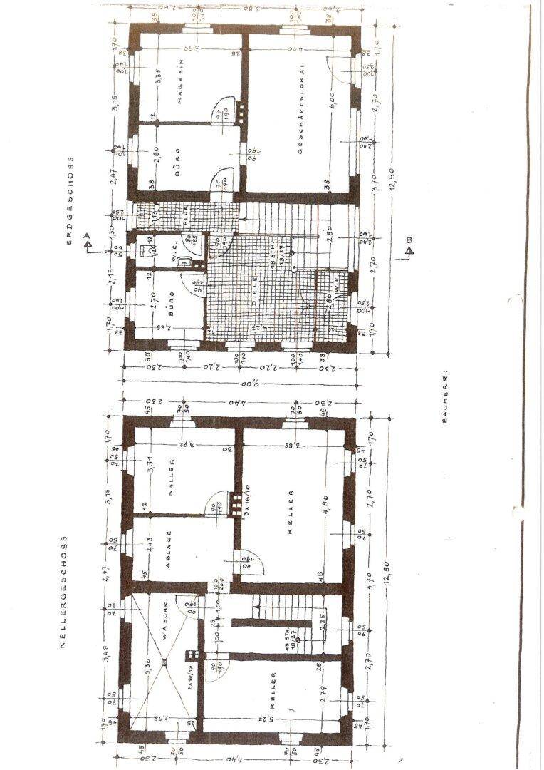 Grundrisspläne des Erdgeschosses und Kellergeschosses mit Raumaufteilung und Maßen.