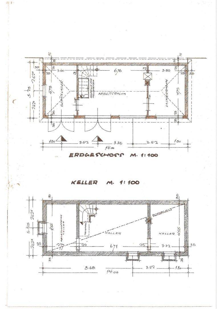 Detaillierte Grundrisse des Erdgeschosses und Kellers mit Treppenhaus und Raumaufteilung.