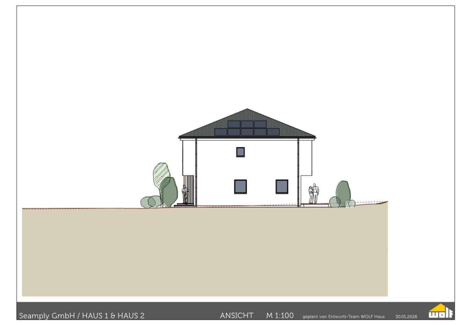 Seitenansicht der Doppelhaushälfte mit Fenstern und Dachüberstand im architektonischen Plan.