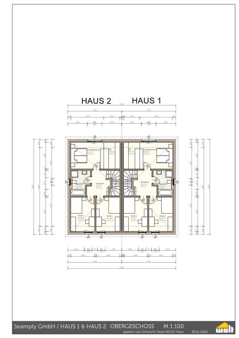 Grundriss des Obergeschosses der Doppelhaushälften mit Schlafzimmern und zwei Bädern.