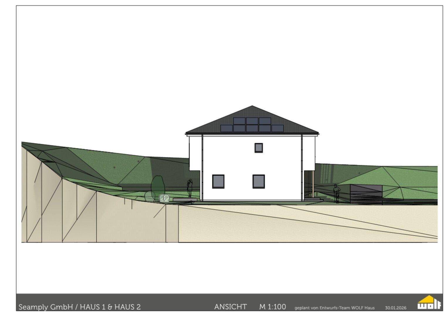 Seitenansicht der Doppelhaushälfte mit Fenstern und Geländeanpassung im architektonischen Plan.