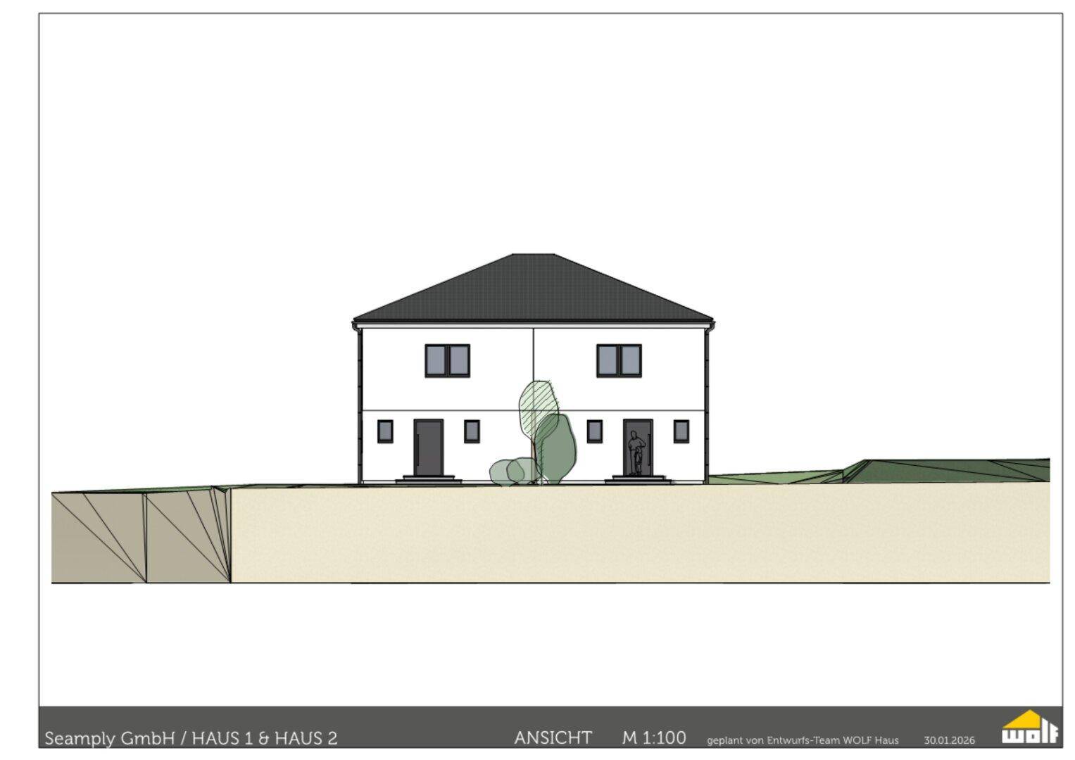 Vorderansicht der Doppelhaushälfte mit zwei Eingängen und Fenstern im architektonischen Plan.