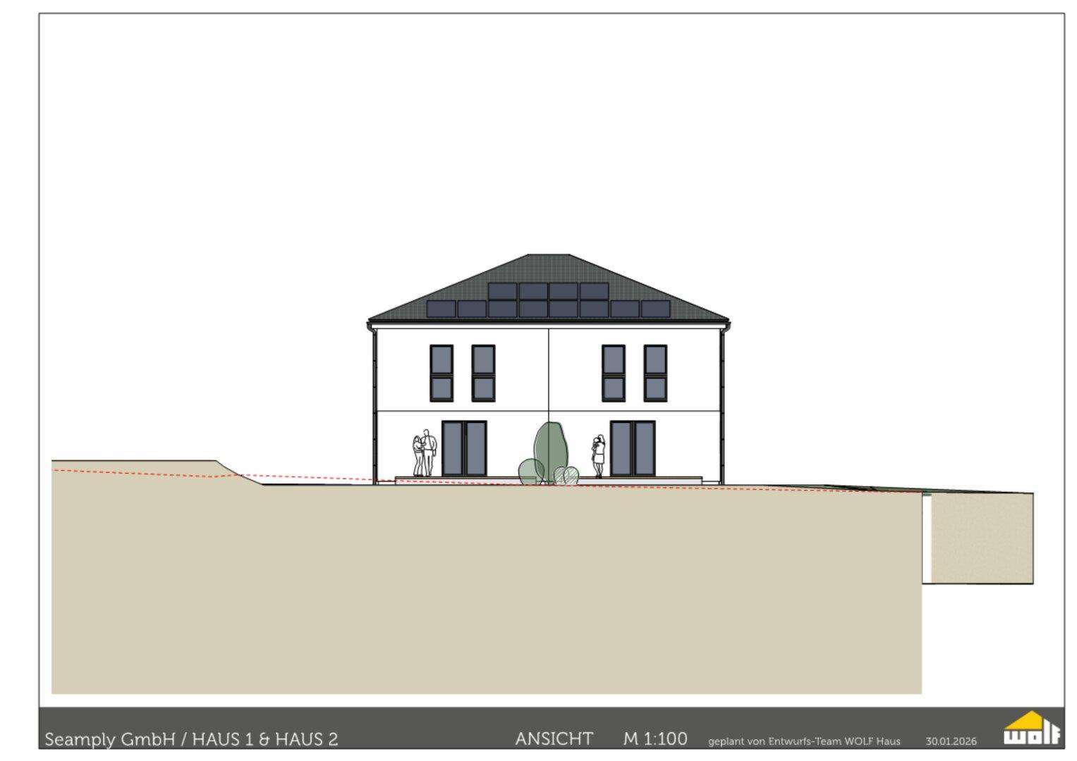 Architektonische Ansicht der Doppelhaushälfte von der Rückseite mit Terrasse und Solaranlage.