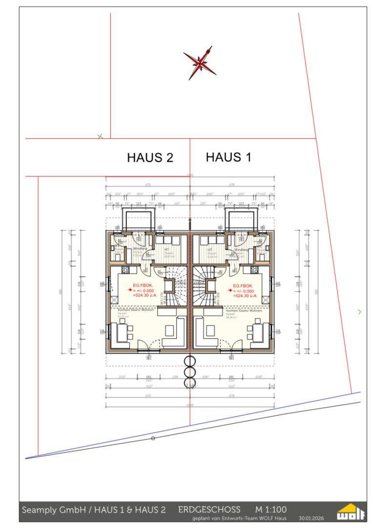 Grundriss des Erdgeschosses der Doppelhaushälften mit offenem Wohnbereich und Terrassenzugang.